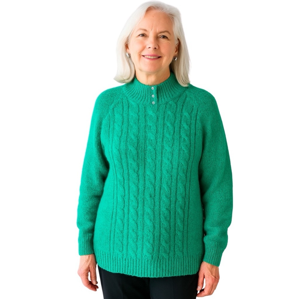Vintage Cable Knit Sweater Faux Pearl Tall Collar Miranda Emerald Green Medium M - Picture 5 of 17